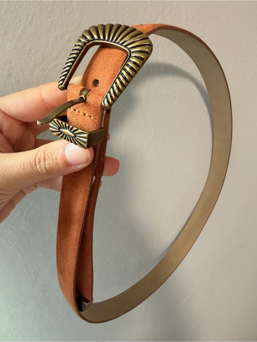 Melrose and Market Tan Suede Belt with Ornate Antique Brass Buckle